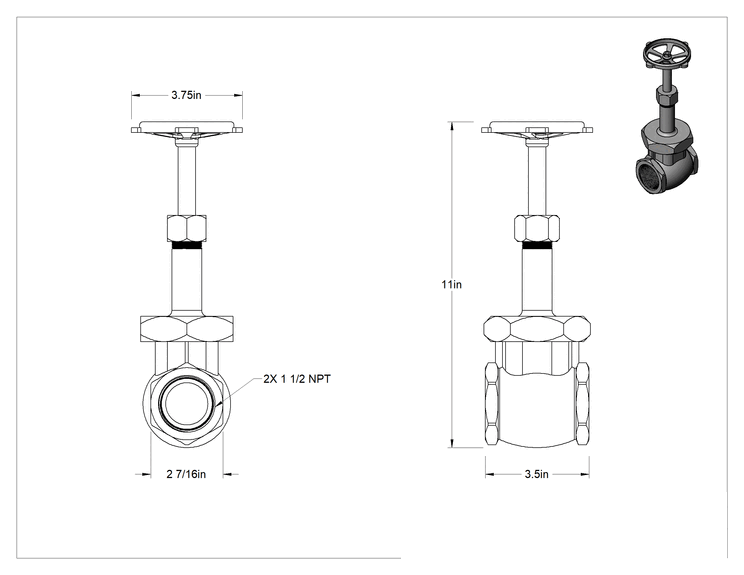 Teknik Çizim - Bronz Gövde ve Sürgülü Kademeli Açma/Kapama Vanası, Tekerlek Kolu ve Yükselen Mil, Sınıf 300, 1-1/2 NPT Dişi