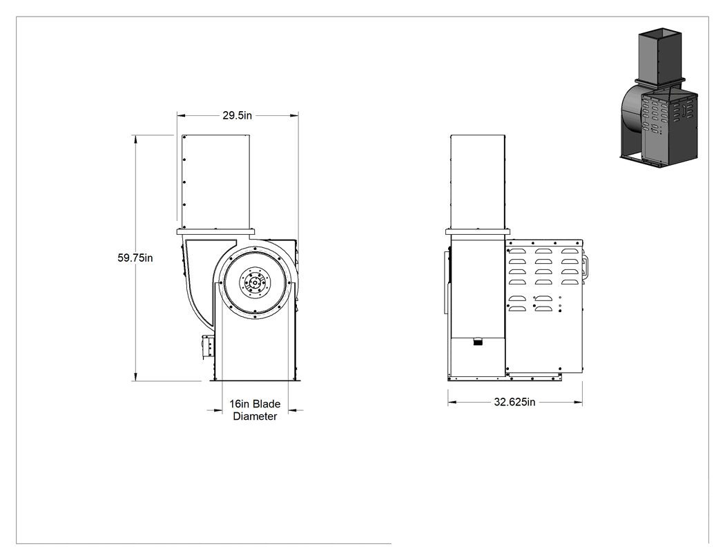 Teknik Çizim - Doğrudan Tahrikli Egzoz Fanı, Damlamaya Dayanıklı Açık Motor Muhafazası, 16" Bıçak Çapı