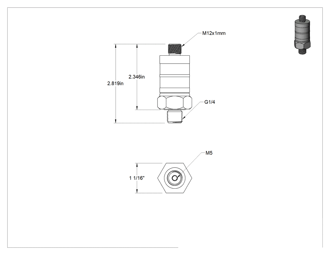 Teknik Çizim - Elektronik Basınç Şalteri, 1 Devre için, 7.5-145 PSI Ayar Noktası, 1/4 BSPP Erkek