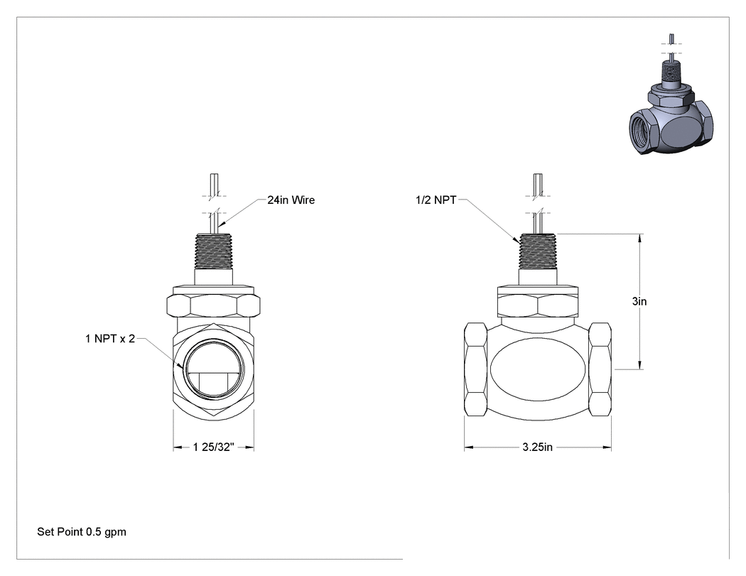 Teknik Çizim - Sabit Ayar Noktalı Akış Anahtarı, Düz, Bronz, 1 NPT Dişi, 0.5 gpm Ayar Noktası