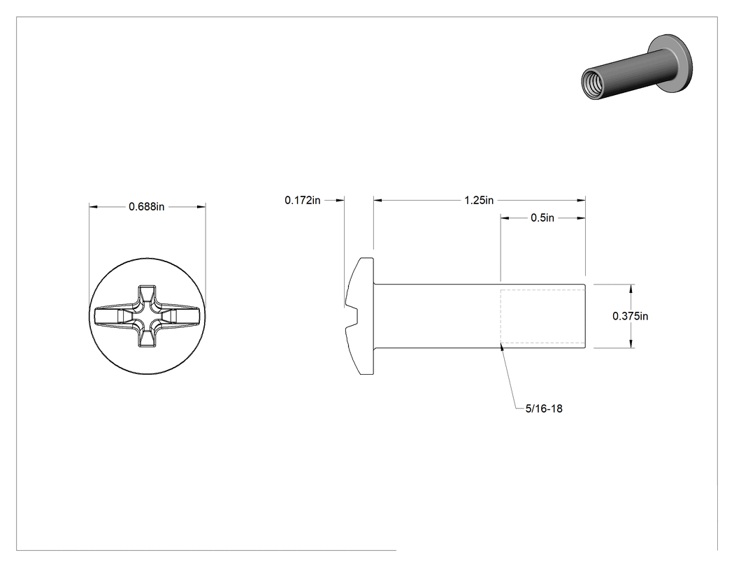 Teknik Çizim - 316 Paslanmaz Çelik Bağlama Silindiri, Siyah Oksit 316 Paslanmaz Çelik Silindiri, 5/16"-18 Boyut, 1.25" Uzunluk