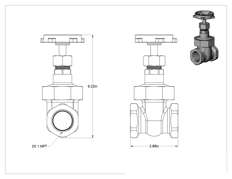 Teknik Çizim - Bronz Gövde ve Sürgülü Kademeli Açma/Kapama Vanası, Tekerlek Kolu ve Yükselmeyen Mil, Sınıf 200, 1 NPT Dişi