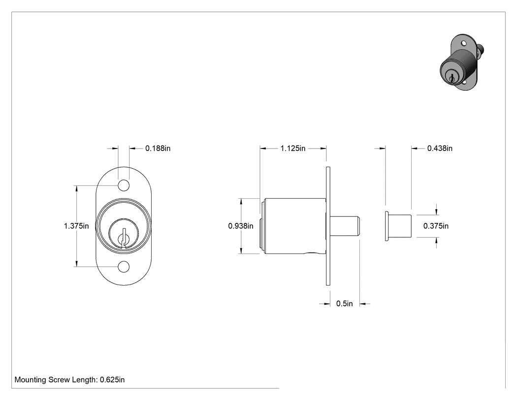 Teknik Çizim - Sürgü Kilidi, 1-1/8" Maksimum Kalınlıkta Kayar Dolap Kapısı için