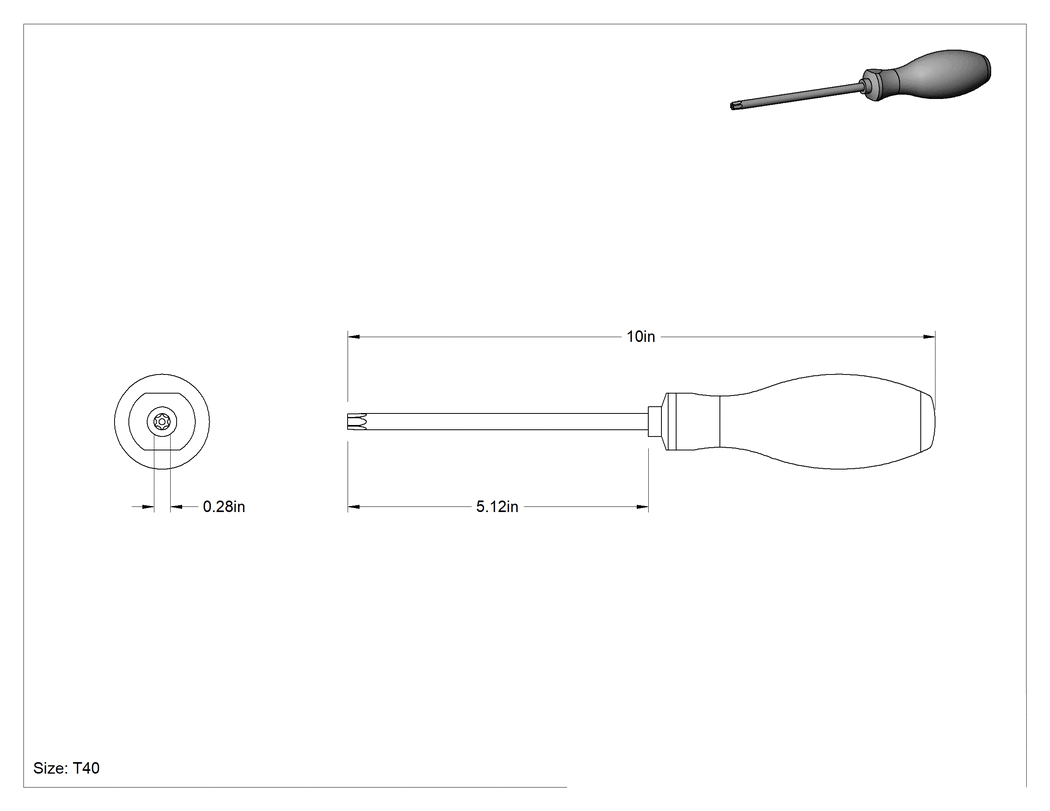 Teknik Çizim - Kurcalamaya Dayanıklı Torx Tornavida, Ultra Grip, T40 Tahrik Boyutu