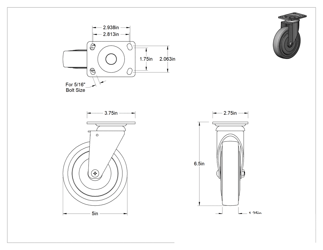 Teknik Çizim - 3-3/4" x 2-3/4" Plakalı Parlak Yüzeyli Tekerlek, 5" Çapında Kauçuk Tekerlekli Döner Tekerlek