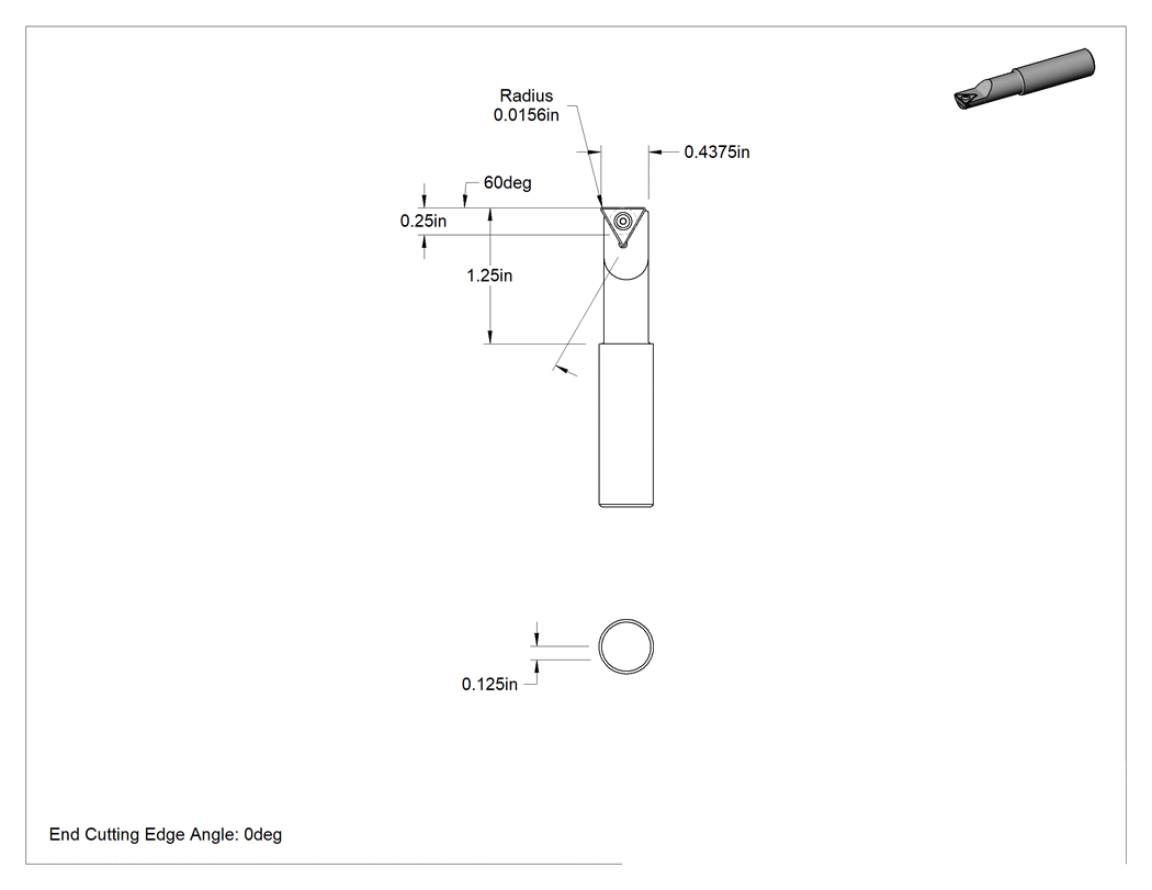 Teknik Çizim - Karbür Uçlu Delme Torna Takımı, 1/2" Şaft Çapı, 7/16" min Delik Çapı, 1-1/4" Maksimum Delik Derinliği