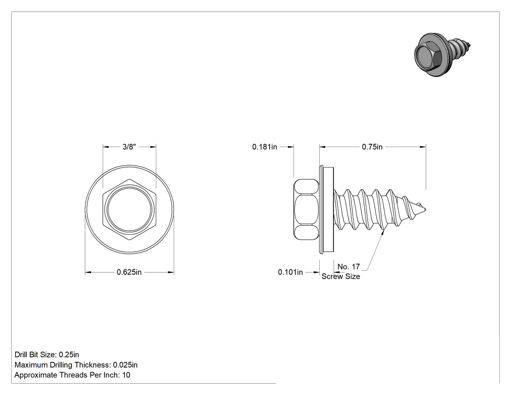 Teknik Çizim - Titreşim Sönümleyici Altıköşe Başlı Vidalar, Sac Metal için, Çinko Kaplı Çelik, 17 Numara Boyut, 3/4" Uzunluk
