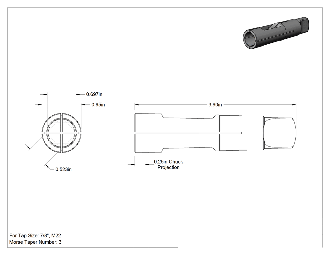 Teknik Çizim - Matkap Presi ve Freze Makinesi için Kılavuz Sürücü, Morse Konik 3 Mil ve 7/8" için, M22 Kılavuz Boyutu