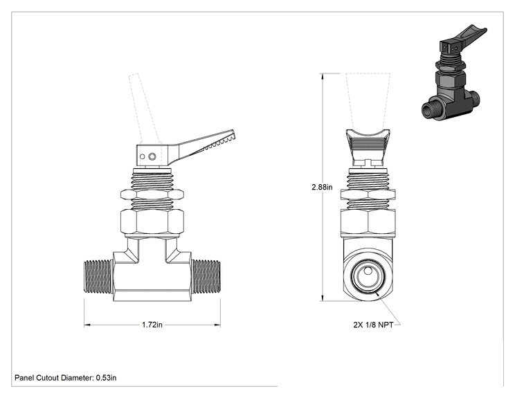 Teknik Çizim - Hızlı Etkili Panel Montajlı Açma/Kapama Vanası, Pirinç, Düz, 1/8 NPT Erkek