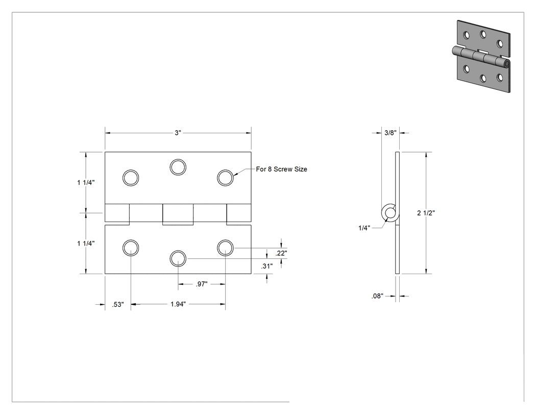Teknik Çizim - Delikli Yüzeye Montaj Menteşesi, Siyah Boyalı Çelik, Çıkarılabilir Pim, 3" x 1-1/4" Kapı Kanadı