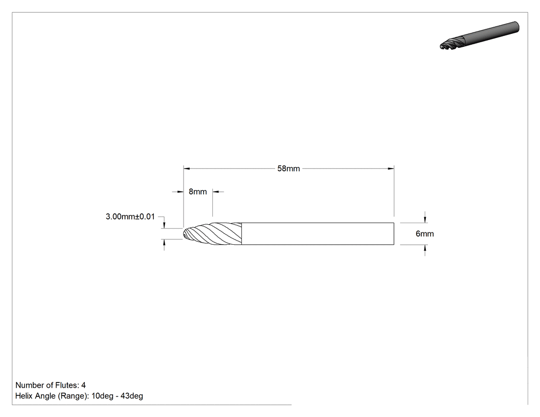 Teknik Çizim - Hızlı Kesim Karbür Silindirik Uçlu Freze, 4 Kanallı, 1.5 mm Freze Çapı, 8 mm Kesme Uzunluğu