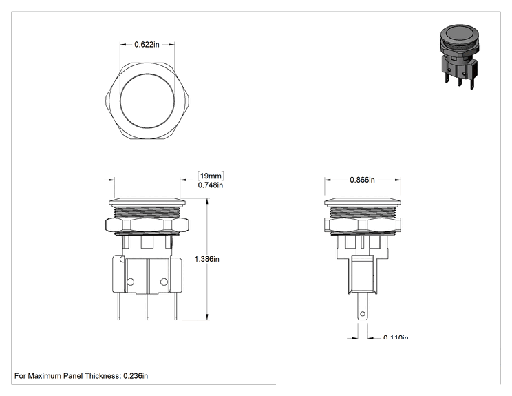 Teknik Çizim - Gömme Montajlı Panel Montajlı Basmalı Düğme Anahtarı, 19 mm Panel Çapı için
