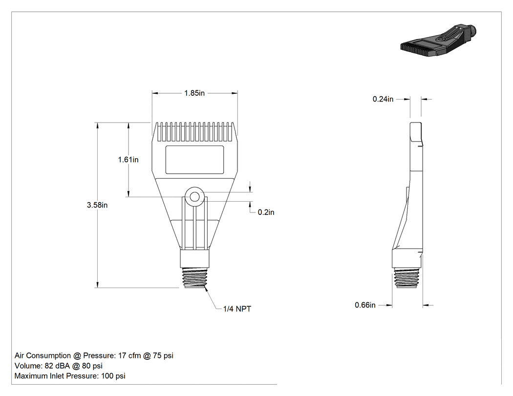 Teknik Çizim - Gıda ve İçecek Geniş Hava Akışlı Hava Nozulu, PVDF Plastik, 1/4 NPT Erkek Giriş, 17 CFM @ 75 PSI