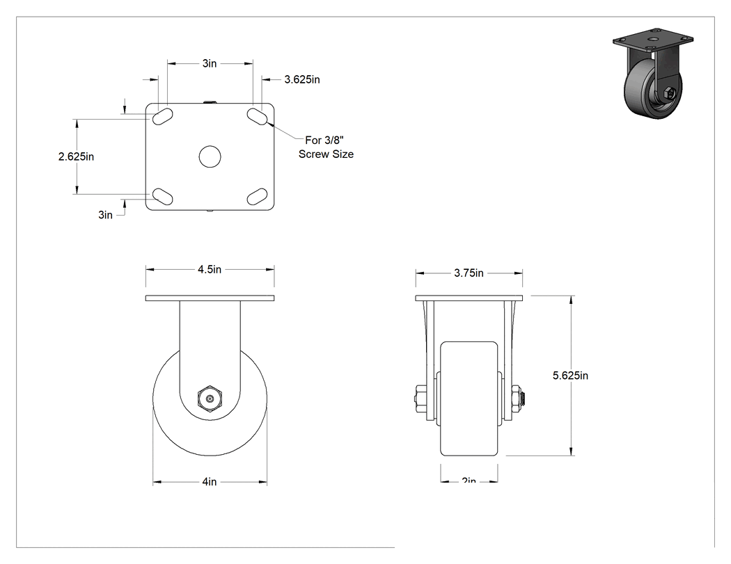 Teknik Çizim - 304 Paslanmaz Çelik Çerçeveli Yüksek Kapasiteli Yıkanabilir Tekerlek, Sabit, 4" Çap Manşon Rulmanlı Siyah Poliüretan Tekerlek