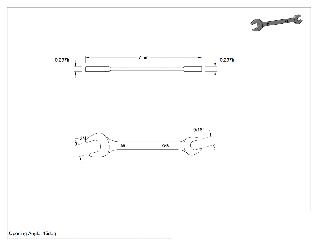 Teknik Çizim - Krom Kaplı Çift Açık Uçlu Anahtar, Yuvarlak Açıklıklı, 9/16" x 3/4" Boyut, 7-1/2" Toplam Uzunluk