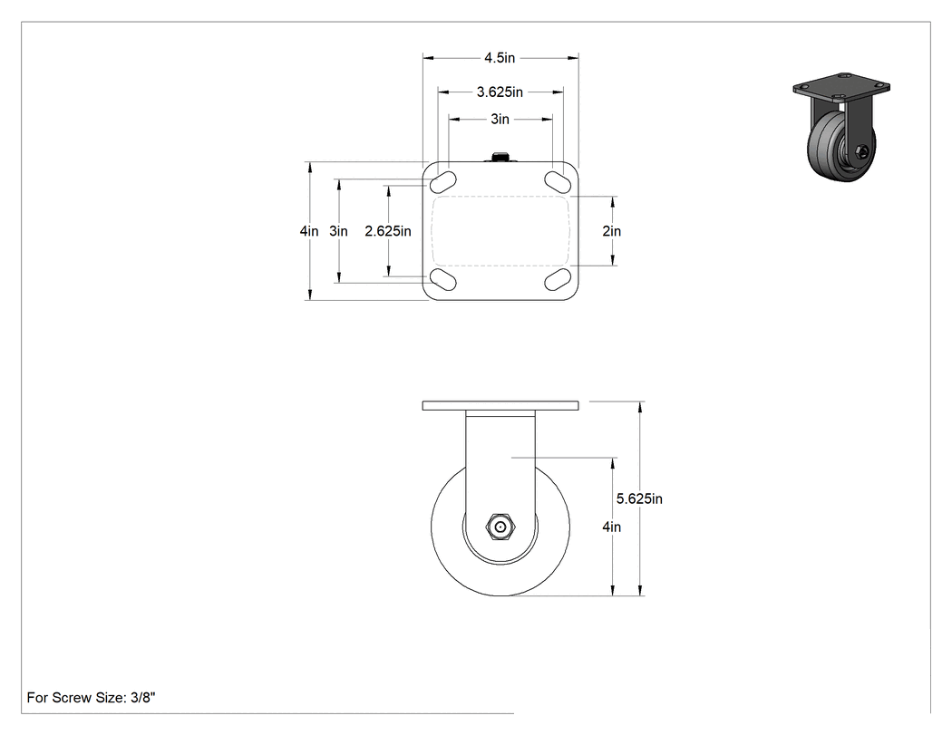 Teknik Çizim - Yüksek Kapasiteli Kingston Tekerlek, 4-1/2" x 4" Plaka, 4" Çapında Fenolik Tekerlekli Sert