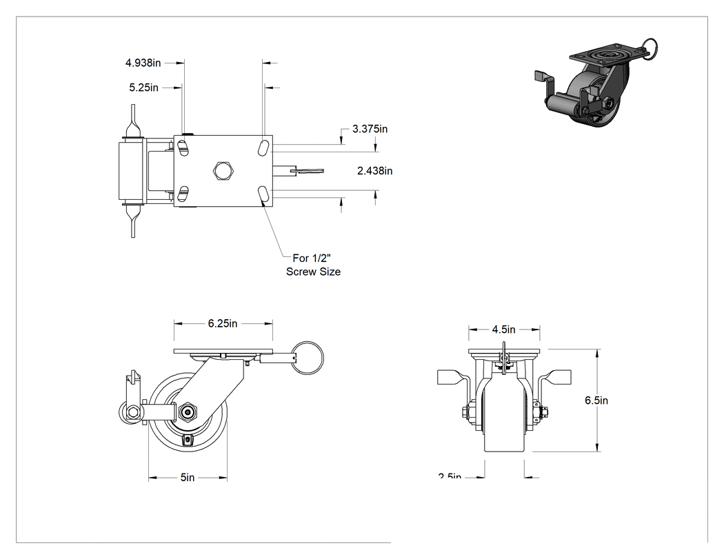 Teknik Çizim - 6-1/4" x 4-1/2" Plakalı Viking Tekerlek, Yüksek Kapasiteli, Kilitli ve 5 inç Çapında Demir Tekerlekli Döner Tekerlek
