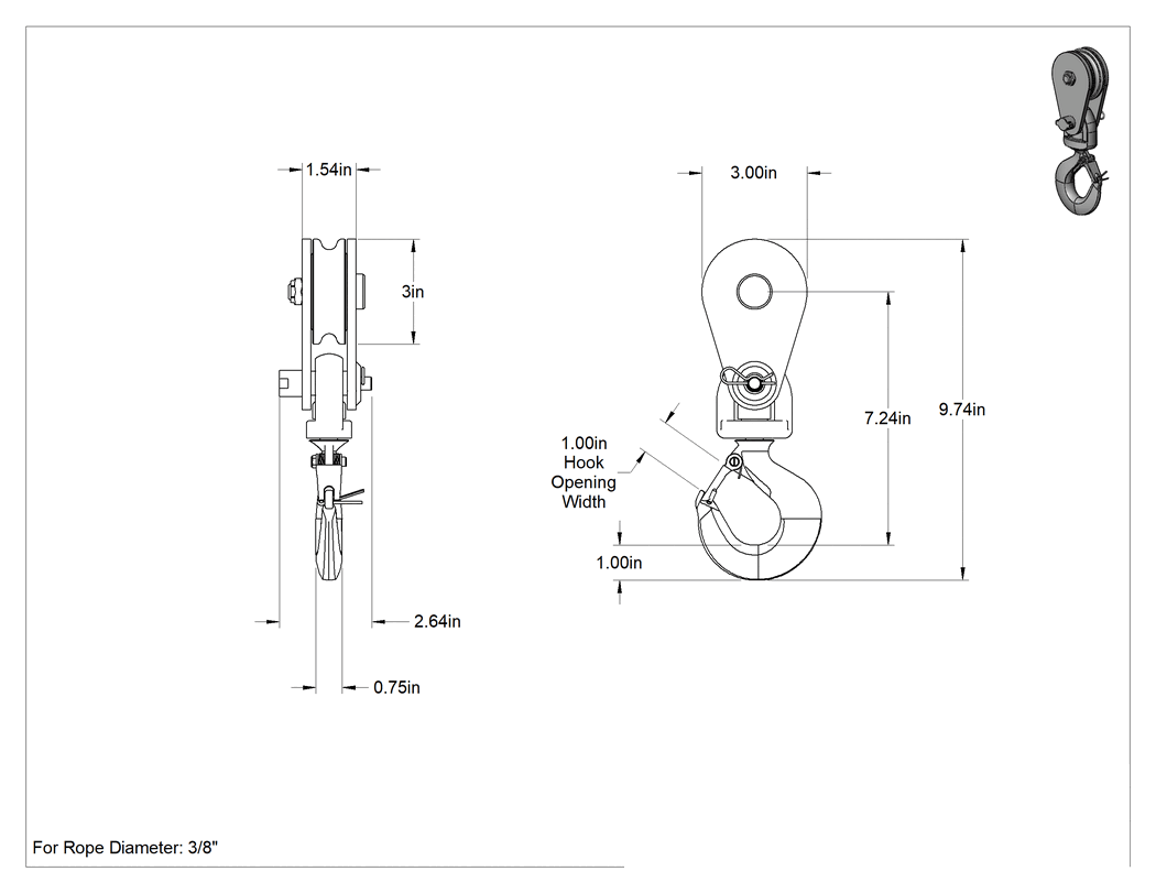 Teknik Çizim - Kaldırma için Tel Halatlı Asma Kasnağı, Easy-Open, Tek Oluklu, Döner Kanca, 3/8" Halat Çapı için