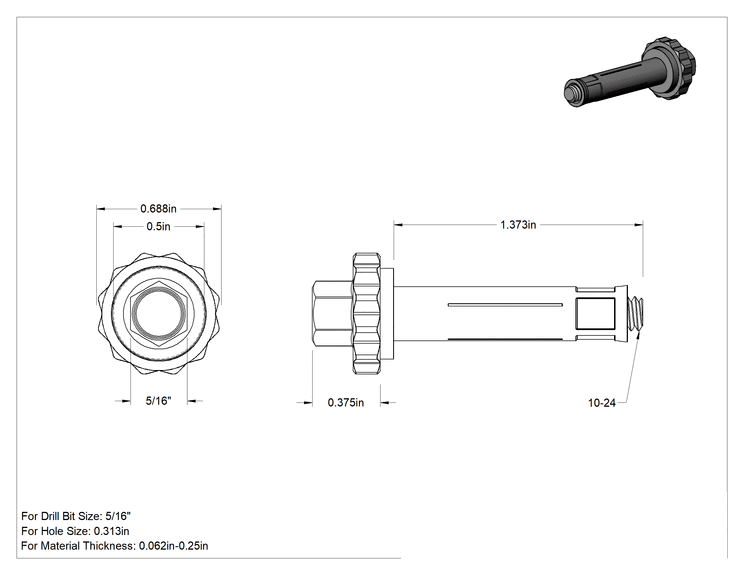 Teknik Çizim - Altıgen Tahrikli Perçinler, 18-8 Paslanmaz Çelik, 5/16" Altıgen Genişlik, 0.062"-0.25" Malzeme Kalınlığı için