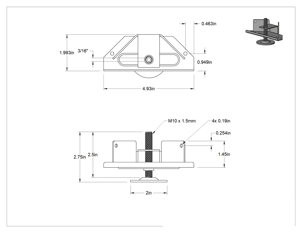 Teknik Çizim - Braketli Sert Tesviye Montaj Parçaları, 4-15/16" genişlik x 1-15/16" derinlik montaj braketli