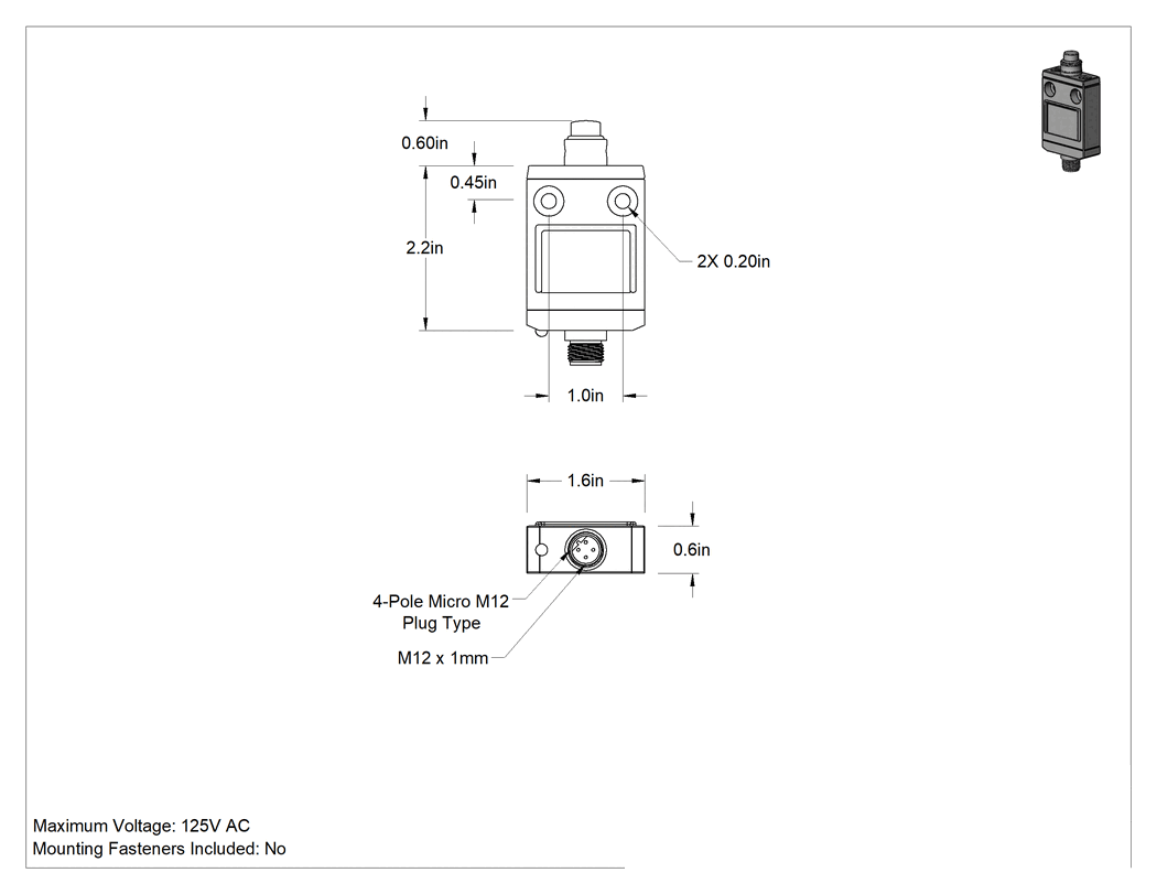 Teknik Çizim - Sızdırmaz Limit Anahtarı, Pistonlu Aktüatör, M12 Tapa, Düşük Profilli, 125 V AC Maksimum