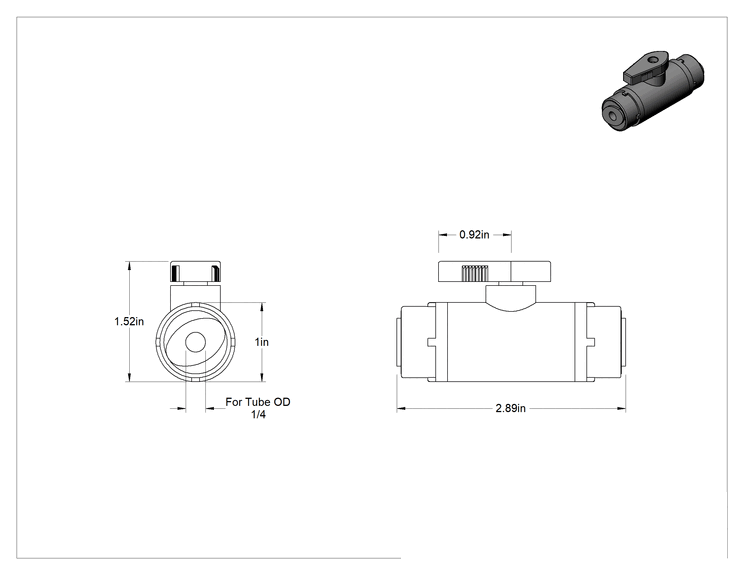Teknik Çizim - Kimyasallar için Açma/Kapama Vanası, Polipropilen, Düz Konektör, 1/4" Tak-Çalıştır
