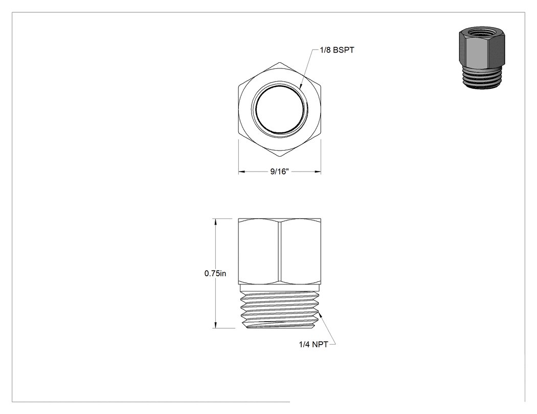 Teknik Çizim - Orta Basınçlı Pirinç Dişli Boru Bağlantı Elemanı, Redüksiyon Adaptörü, 1/8 BSPT Dişi x 1/4 NPT Erkek