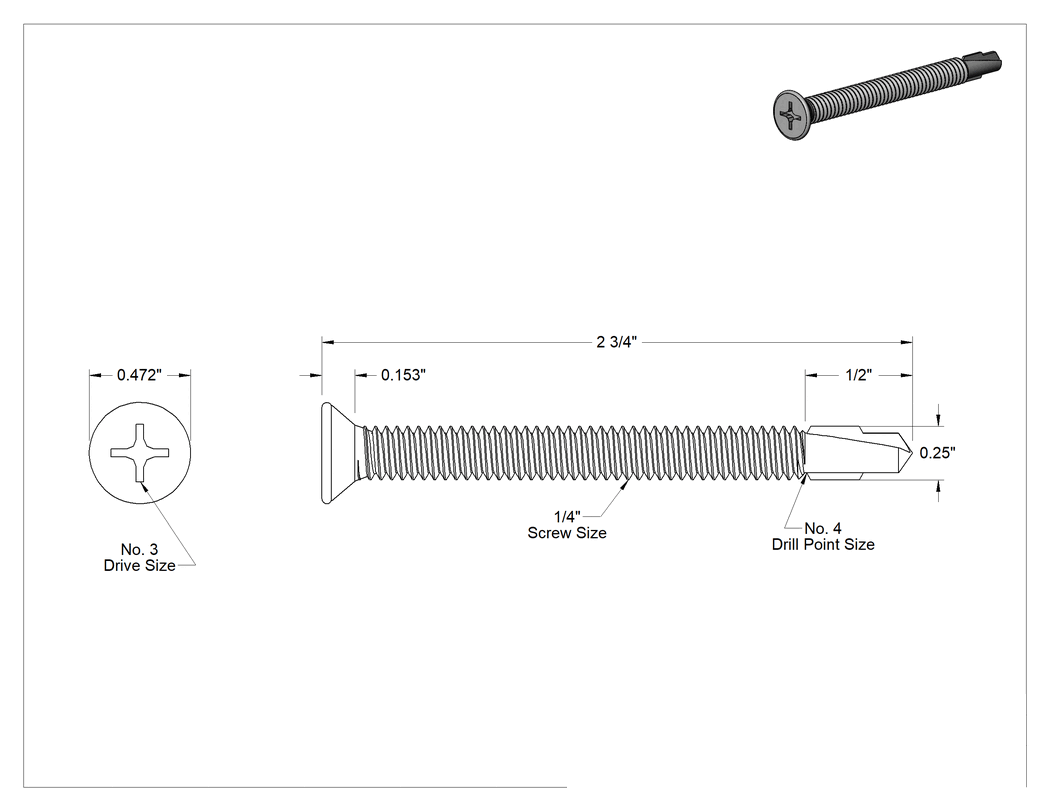 Teknik Çizim - Ahşabı Metale Birleştirmek için Phillips Delme Vidaları, Çinko Kaplı Çelik, 1/4" Boyut, 2-3/4" Uzunluk