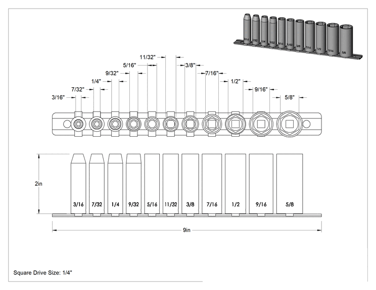 Teknik Çizim - 6 Uçlu Darbeli Soket, 11 Parça İnç Seti, 1/4" Kare Tahrik