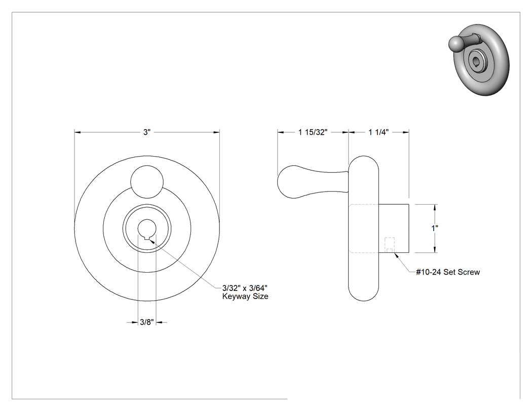 Teknik Çizim - Alüminyum Dişsiz Delikli Katı El Çarkı, Yivli ve Dönen Saplı Düz Tekerlek, 3" Çap, 1-1/4" Çıkıntı