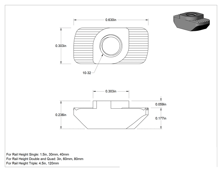 Teknik Çizim - T-Yuvalı Çerçeve Bağlantı Elemanları, 1.5" Takmalı Çekiç Somunu, 30 mm ve 40 mm Ray, 10-32 Diş