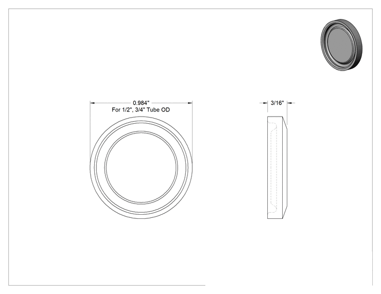 Teknik Çizim - Ekstra Parlak Metal Hızlı Kelepçeli Boru Bağlantısı, Hijyenik, 1/2" için Kapak, 3/4" Boru Dış Çapı