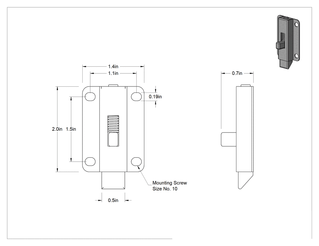 Teknik Çizim - Yaylı Kayar Cıvata Mandalı, Düğme Çekme, Çelik, 2" Yükseklik, 1.5" Genişlik, Kapı Size Doğru Açılır