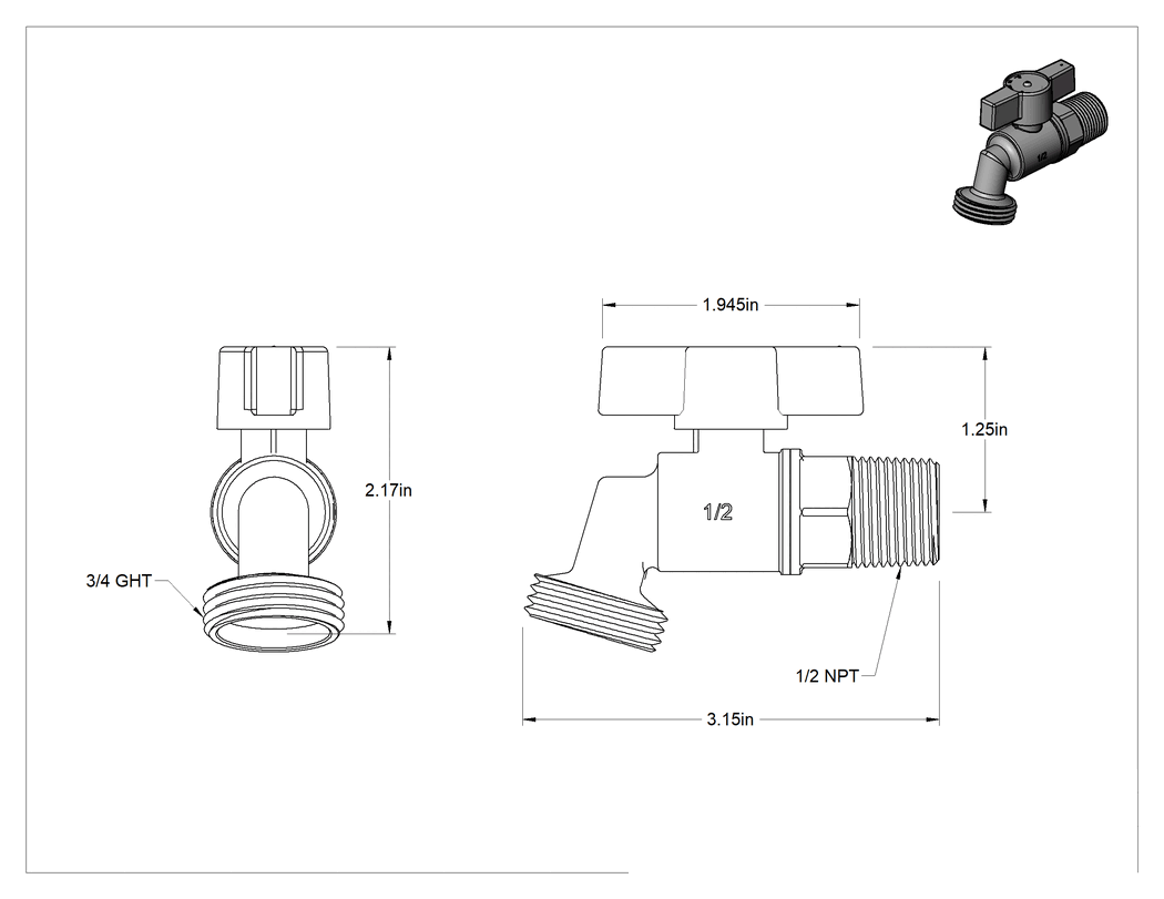 Teknik Çizim - Pirinç Gövdeli Akış Ayar Valfi, 1/2 NPT Erkek Girişli Açma/Kapama Musluğu, 1-1/4" Yükseklik