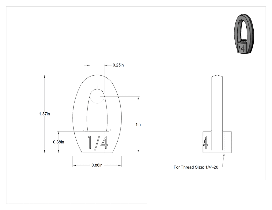 Teknik Çizim - Gijon Göz Somunu, 1/4"-20 Diş Boyutu için