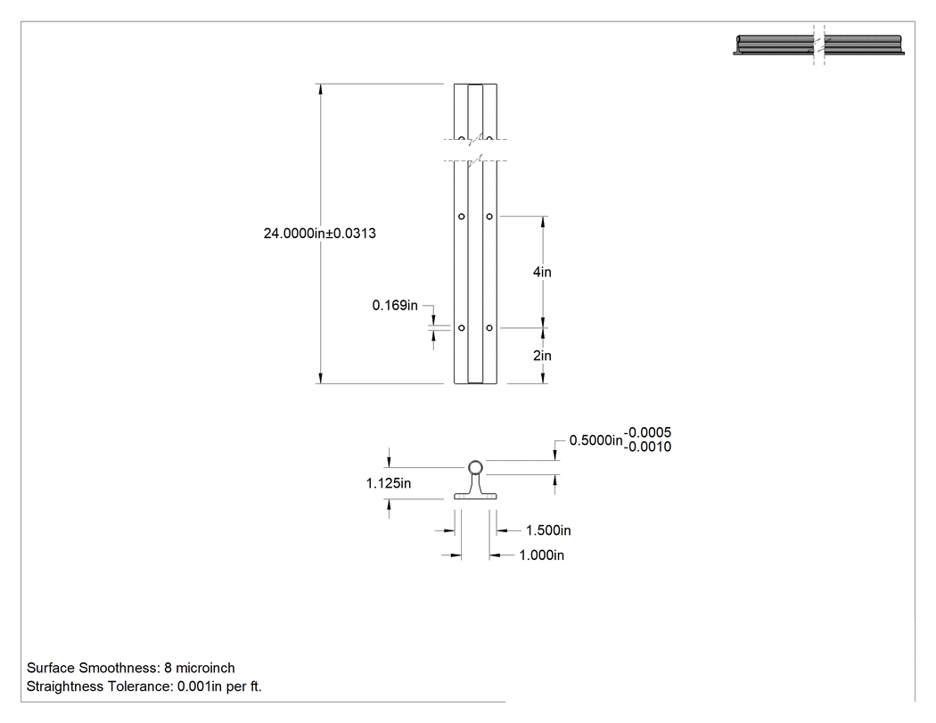Teknik Çizim - İki Parçalı Destek Rayı Şaftı, 440C Paslanmaz Çelik, 1/2" Çap, 24 inç Uzunluk