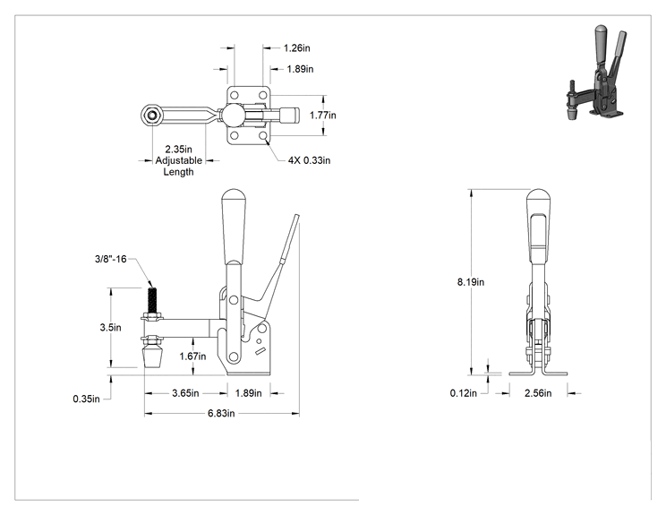 Teknik Çizim - Kilitleme Kolu ile Sabitleme Mandalı, Açık Kol, 600 lb. Kapasite, 11/32" Sıkıştırma Boşluğu, Çelik