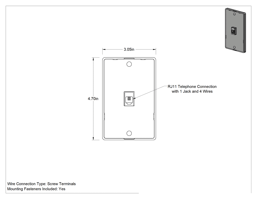 Teknik Çizim - Telefon Prizi Duvar Plakaları, Dikdörtgen, Telefon Braketli, RJ11 Bağlantısı, 1 Jak