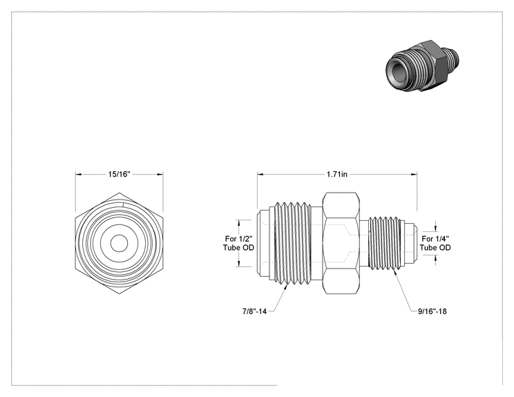 Teknik Çizim - Paslanmaz Çelik Boru için Ultra Parlak Conta Bağlantı Parçası, 1/2" x 1/4" Dış Çaplı Boru için Erkek Düz Redüktör