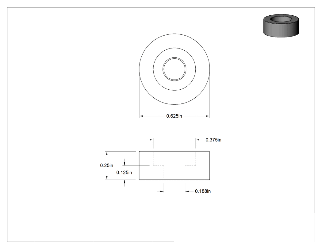 Teknik Çizim - Güçlendirilmiş Silikon Dişsiz Delikli Tamponlar, 5/8" Dış Çap, 1/4" Yükseklik
