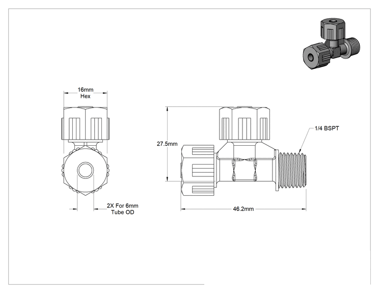 Teknik Çizim - Yiyecek ve İçecek için Sıkıştırmalı Boru Bağlantı Parçası, Yüksek Sıcaklık, Dik Açı T, 6 mm Dış Çap x 1/4 BSPT Erkek