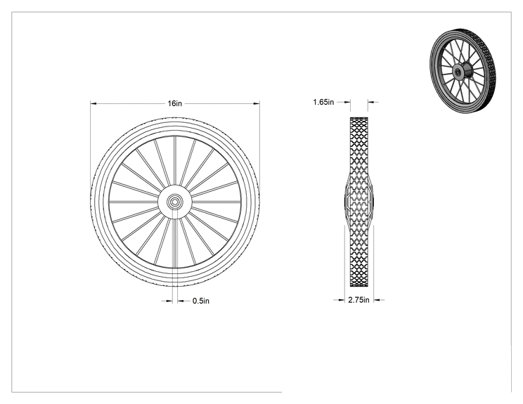 Teknik Çizim - Çivili İçi Boş, Patlamayan Düz Tekerlek, 16 inç Çap x 1-3/4 inç Genişlik, 120 lbs. Kapasite