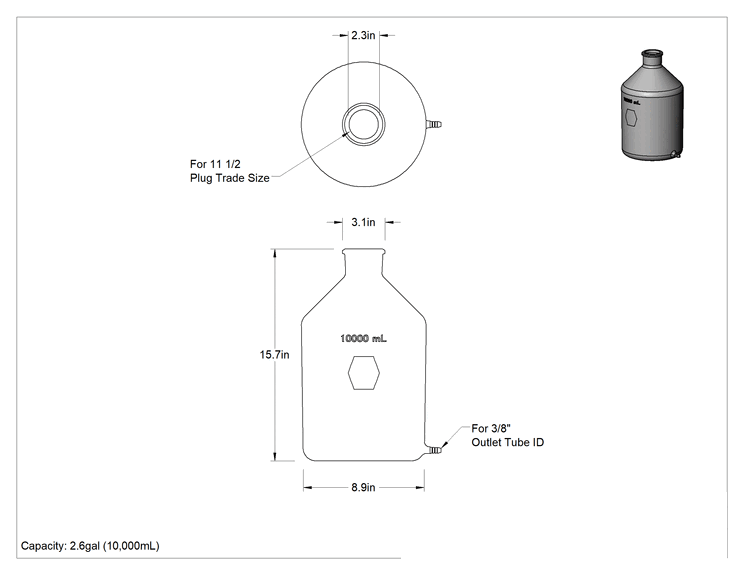 Teknik Çizim - Transfer Şişesi, Alt Çıkışlı, 2.6 Galon/10.000 ml Kapasite