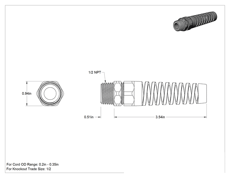 Teknik Çizim - Plastik Dalgıç Kablo Tutucu, Sürekli esneklik, NPT Diş, 0.2"-0.35" Kablo Dış Çapı için