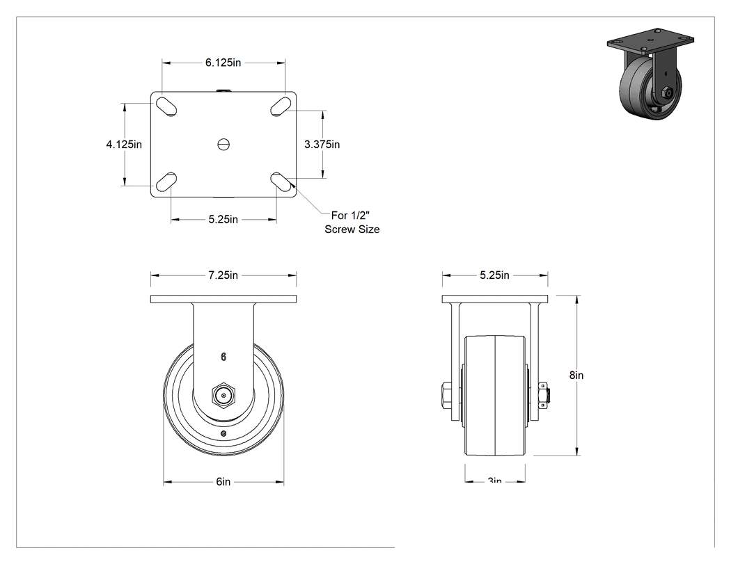 Teknik Çizim - Ekstra Yüksek Kapasiteli Stronghart Tekerlek, Frenli 7-1/4" x 5-1/4" Plaka ve 6" x 3" Poliüretan Tekerlek, 7-1/4" x 5-1/" Plaka, 6" x 3" Poliüretan Tekerlekli Sabit