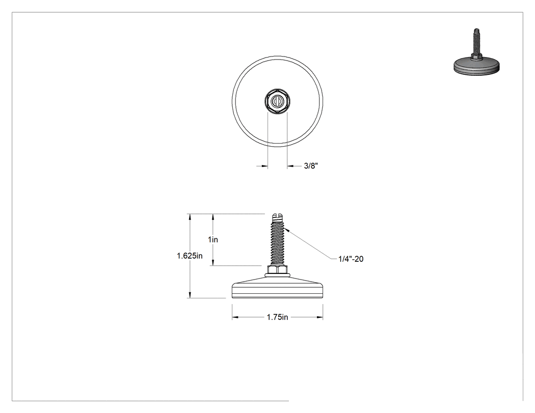 Teknik Çizim - Çinko Kaplı Çelik Saplamalı Sert Tesviye Bağlantı Elemanları, Kolay Ayar, Nikel Kaplı Çelik Taban, 1/4"-20 x 1" Uzunluğunda Diş