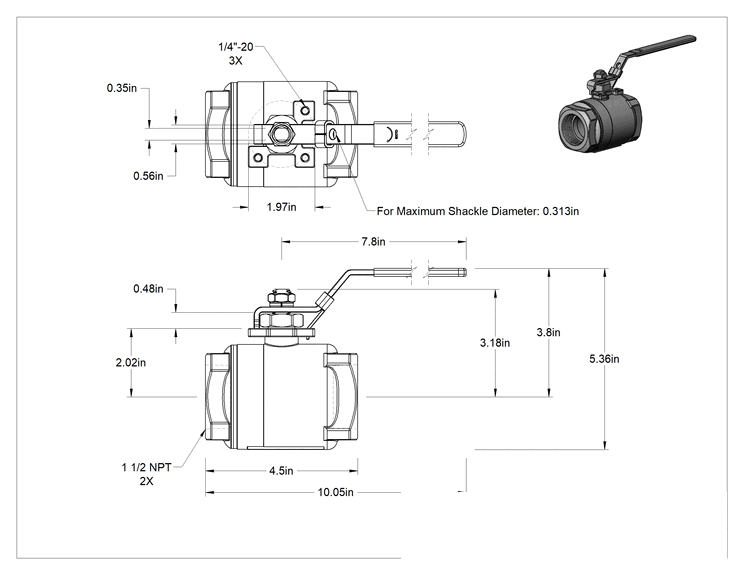 Teknik Çizim - Yakıt için Çelik Gövde Açma/Kapama Vanası, Grafit Conta, 1 1/2 NPT Dişi, 2220 PSI @ 100°F