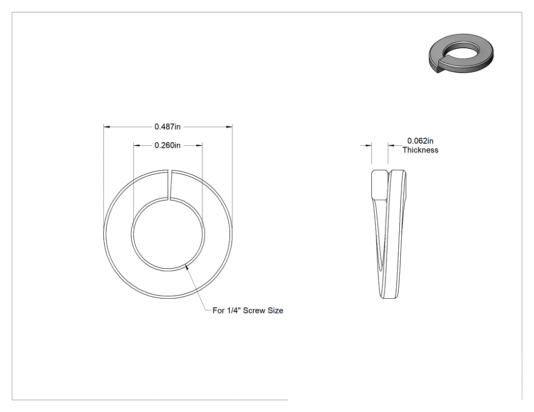 Teknik Çizim - Alüminyum Yaylı Pul, 1/4" Vida Boyutu için, 0.260" İç Çap, 0.487" Dış Çap