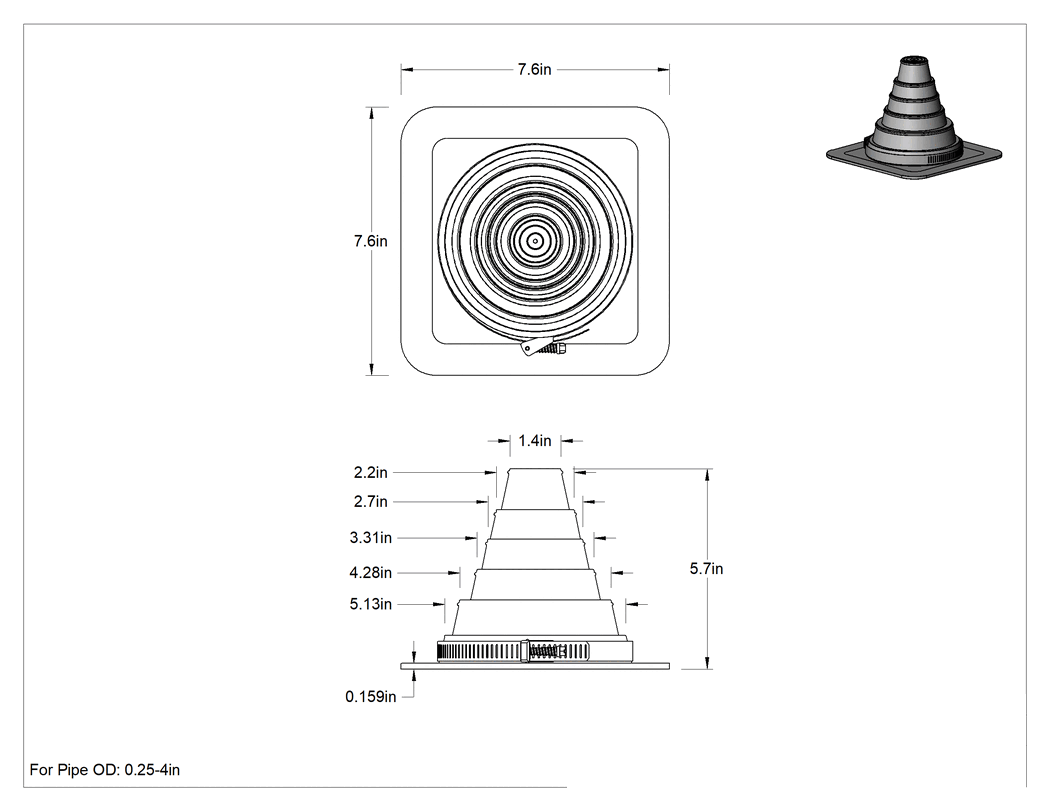 Teknik Çizim - Oluklu Metal Çatılar için Boru Kaplamaları, Oluklu Metal Çatılar için, 1/4" ila 4" Dış Çap, EPDM Kapak