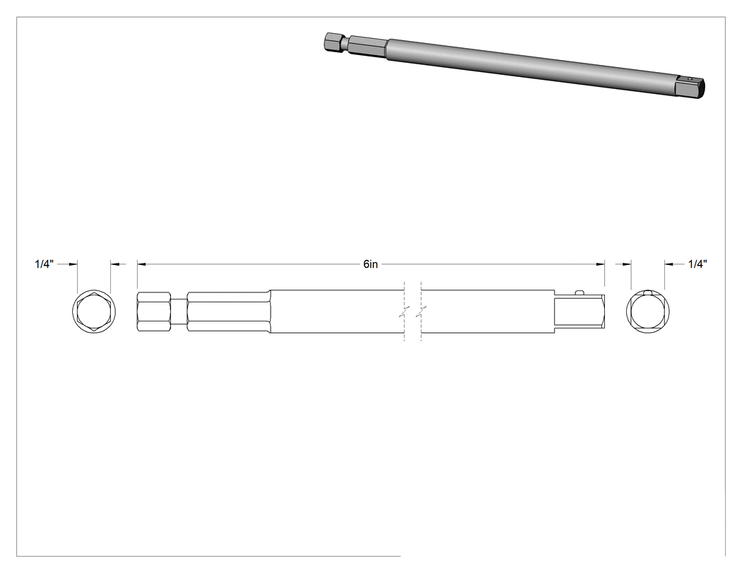 Teknik Çizim - 1/4" Altıgen - 1/4" Kare Tahrik Adaptörü, 6" Toplam Uzunluk
